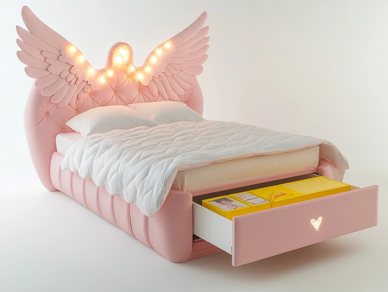 Cama infantil rosa con alas luminosas y cajón de almacenaje