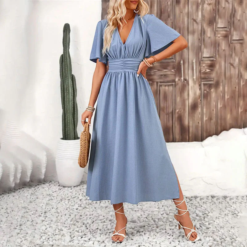 Lotus leaf sleeve split end elastic waist dress solid color long - Se7enfashion