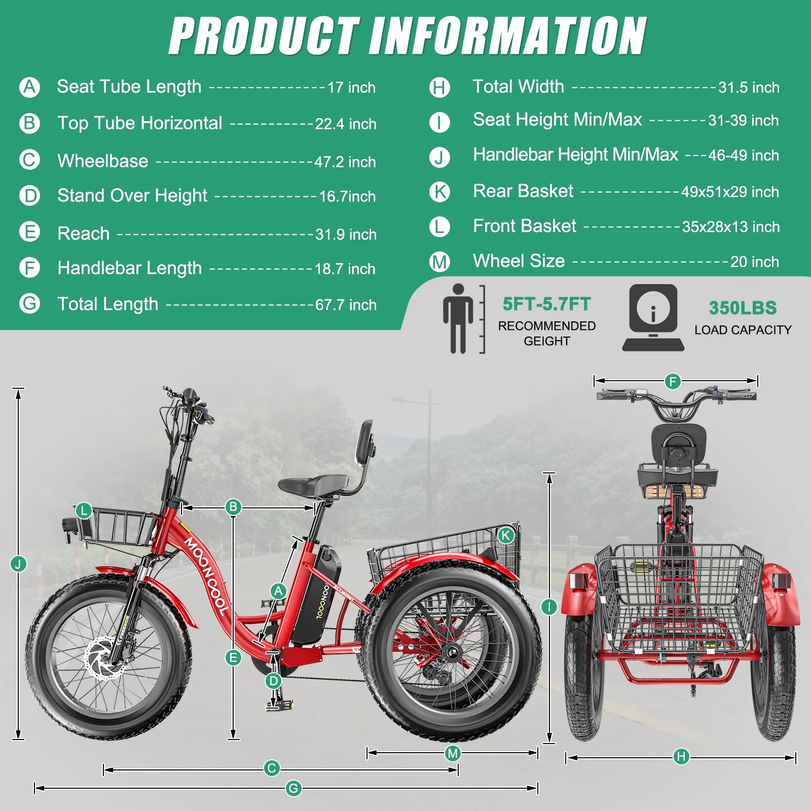 20" x 4" Fat Tire Electric Tricycle for Adult, 7 Speeds Electric Trike 48V 500W Motorized Tricycle , Electric Three Wheels Bicycle for Senior, Aluminum Frame & Rear Basket ,16mph - Image 47