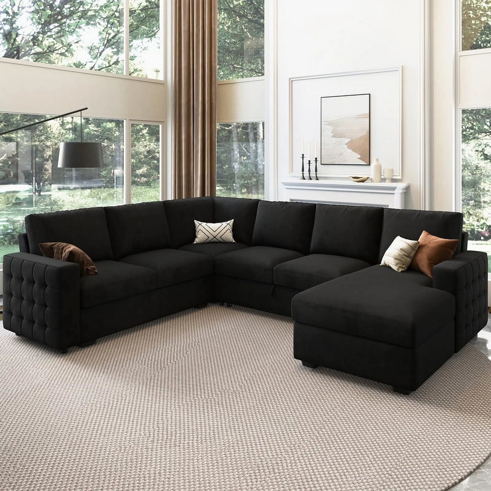 HONBAY Modular Sectional Pull-Out Sofa Bed with Storage Velvet U-Shaped Convertible Sleeper Sofa for Living Room, Blue - Image 24