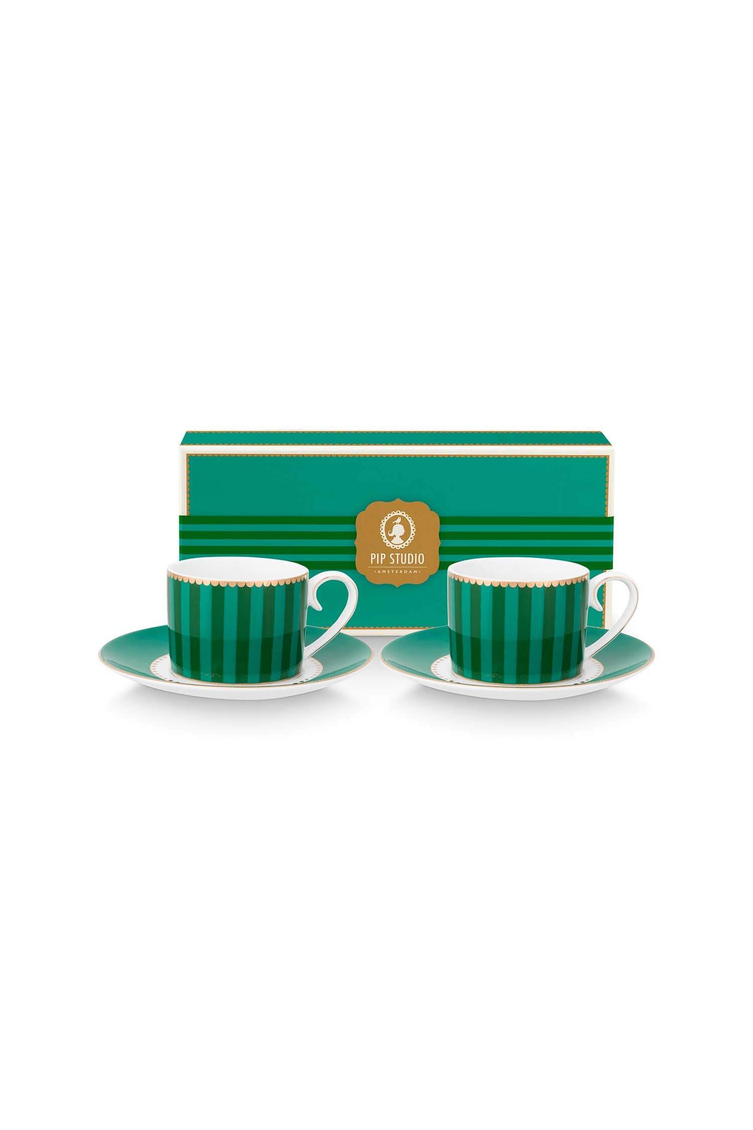 Set/2 Espresso Cups & Saucers Love Birds Stripes Emerald-Green