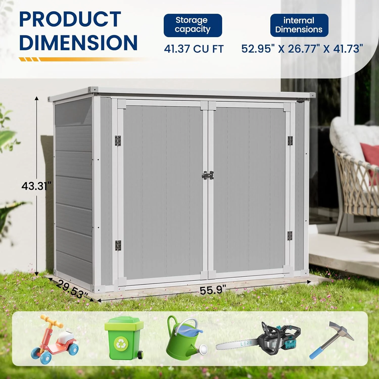 ECOPATIO Outdoor Storage Shed 41 Cu Ft Weather Resistant Resin with Floor Gray - Image 6