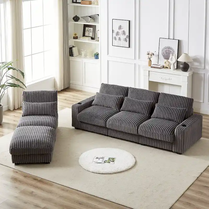126W Large L-Shaped Corduroy Sofa with USB Charging Port