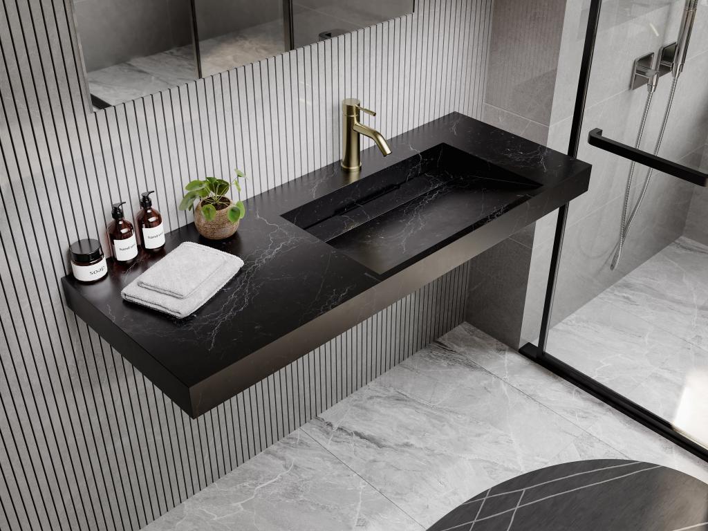 Lavabo flotante de solid surface efecto mármol negro - 120 x 45 x 8 cm - OKAPA