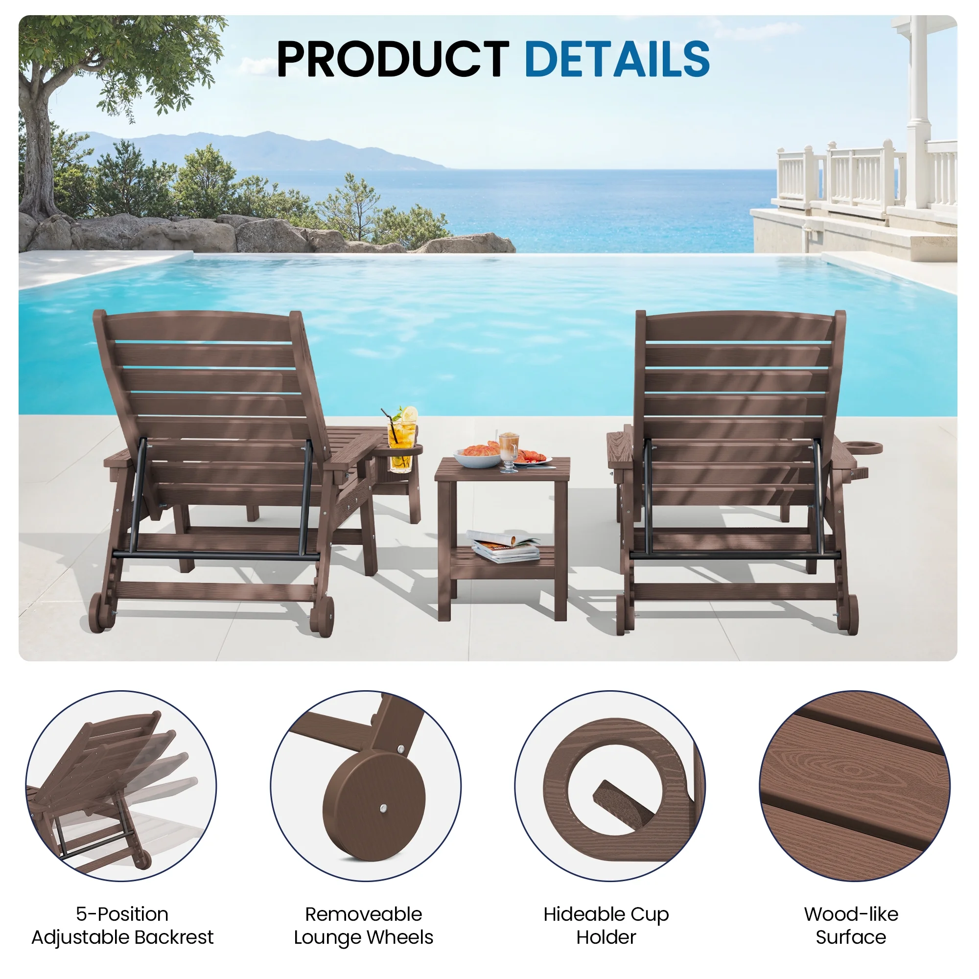 SERWALL Patio Chaise Lounge Chair, 78'' HDPE Outdoor Lounge Chair 5 Positions Pool Lounger Navy Blue - Image 62