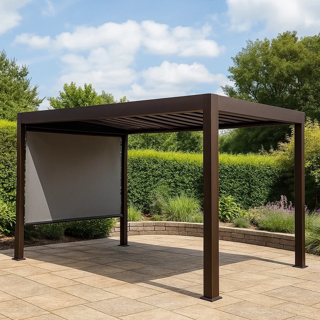 Pérgola rectangular,metal,marrón,techo lamas,instalación fija,300x250x240 cm,para jardín o terraza - PhuBIv9lBsd5