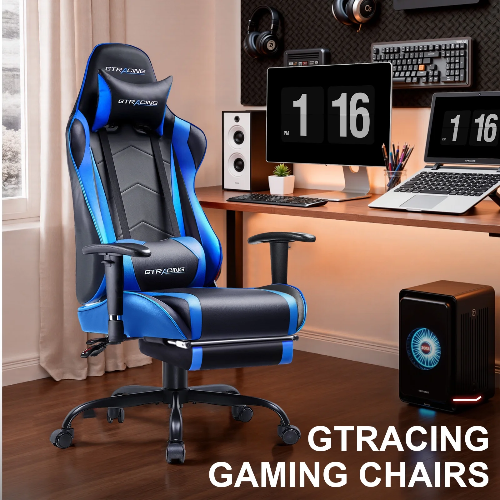 GTRACING Gaming Chair, Ergonomic Office Desk Chair with Lumbar Support, PU Leather, Footrest & Adjustable Headrest, Red - Image 59