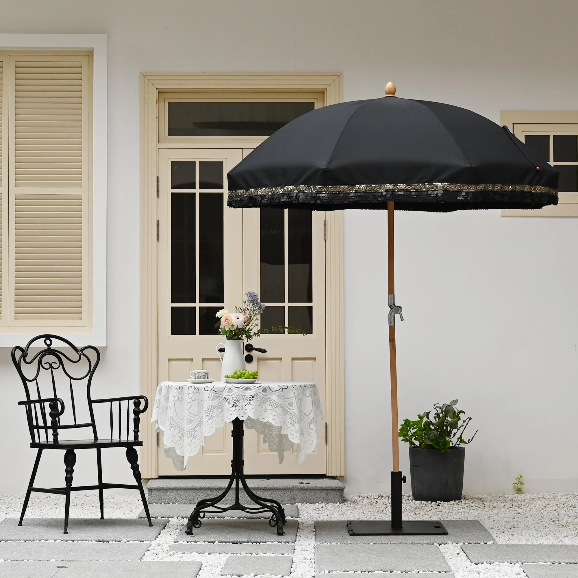 LAGarden 6 Ft Fringe Patio Umbrella with Tassel Jazz Age Wood UPF50+ for Outdoor, Beige with gold tassel,Model: JZ6-01 - Image 20