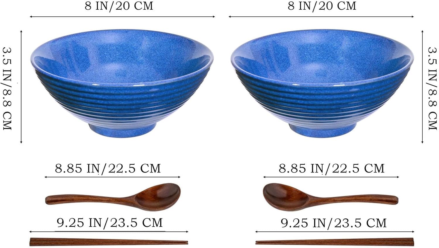 2x Ceramic Ramen Bowls - 40 oz - 20cm - With Spoon and Chopsticks for Ramen Soup Pho Udon Asian Noodles, Large Noodle Bowls (Blue glaze 2 sets)
