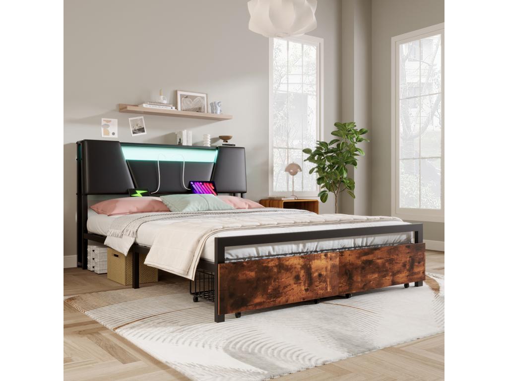 Cama 140 x 200 cm con estante de almacenamiento - Toma USB + LED - Metal y MDF - Marrón