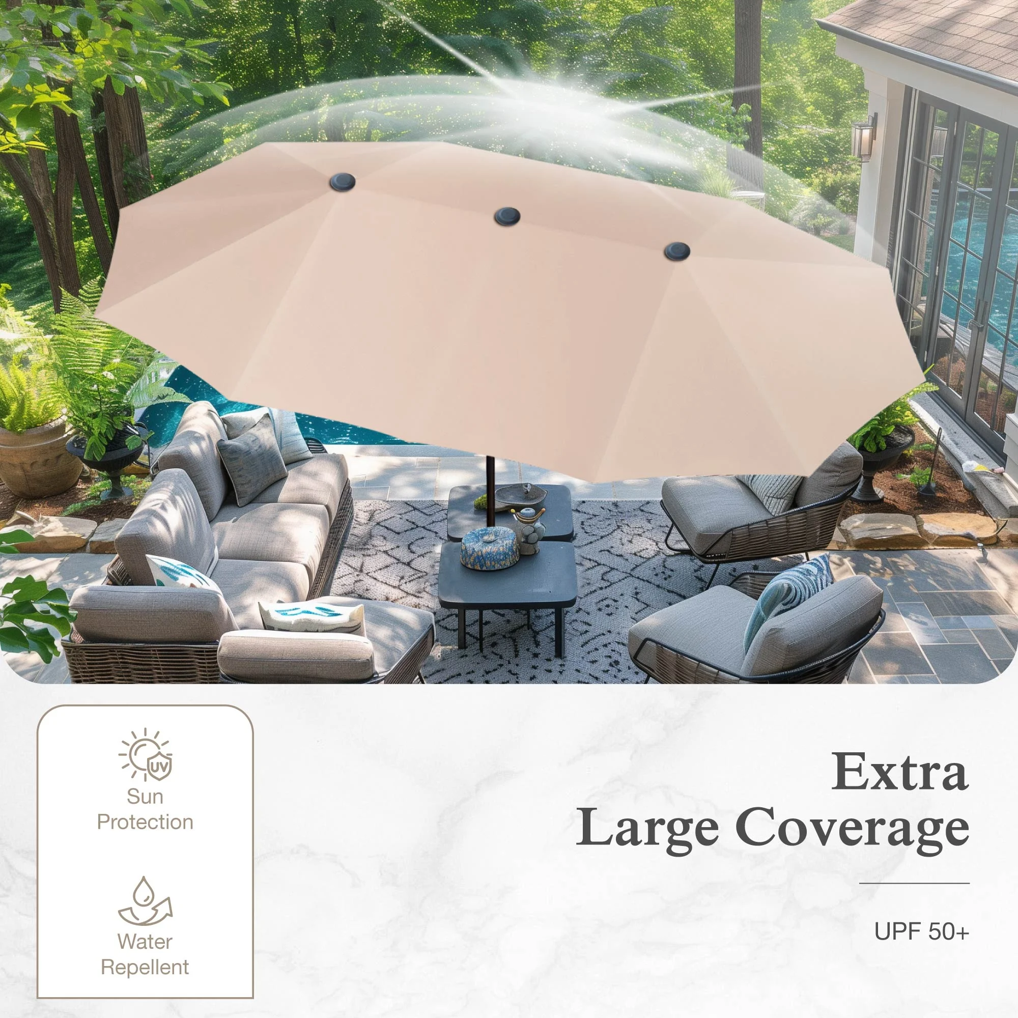 Alpha Joy 8-Piece Outdoor Patio Dining Set with 13 ft Umbrella, Rattan Chairs & Rectangle Table Set for 6, Beige Umbrella - Image 14