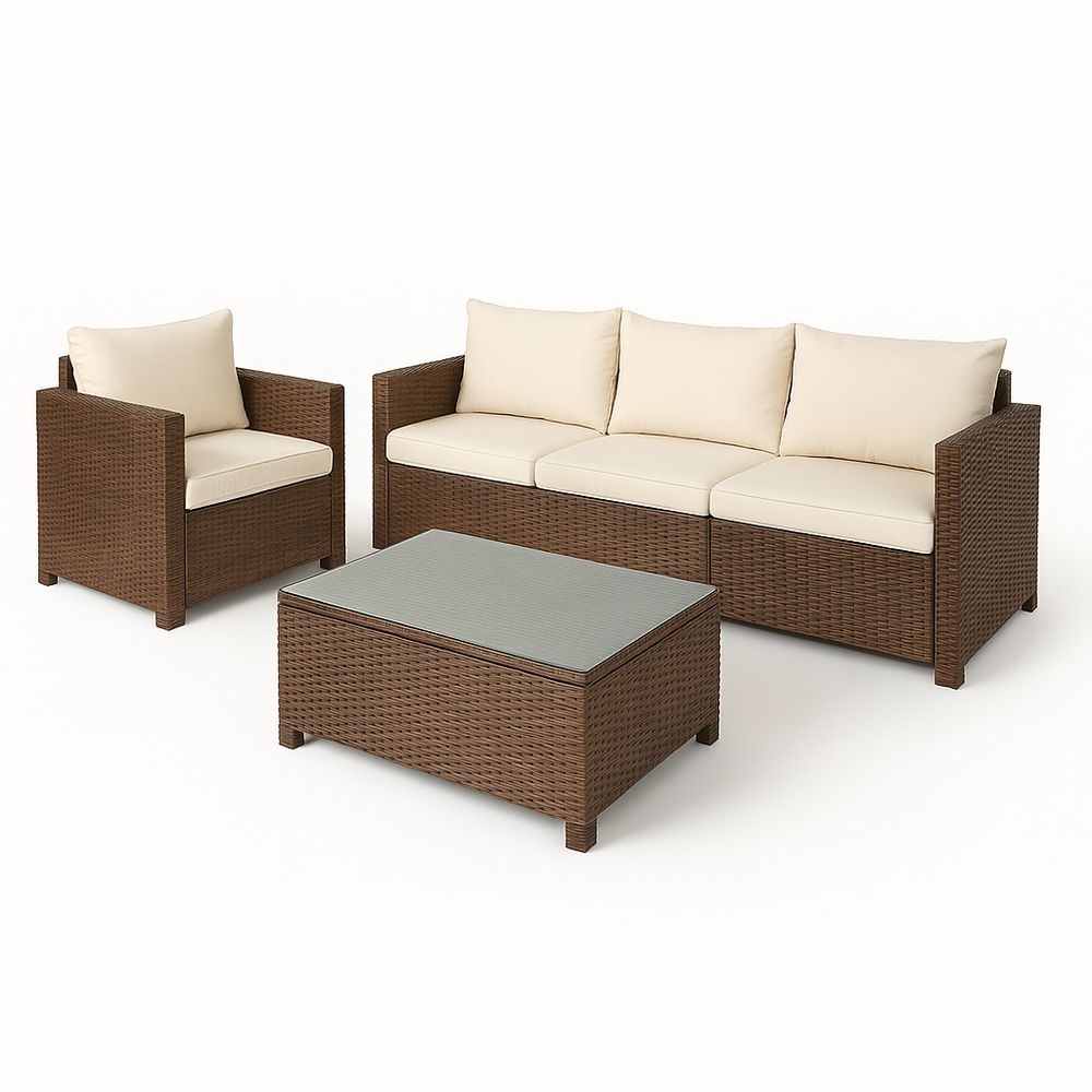 Juego de Muebles de Jardín Ratán Sintético Marrón Crema Conjunto Sofá y Mesa