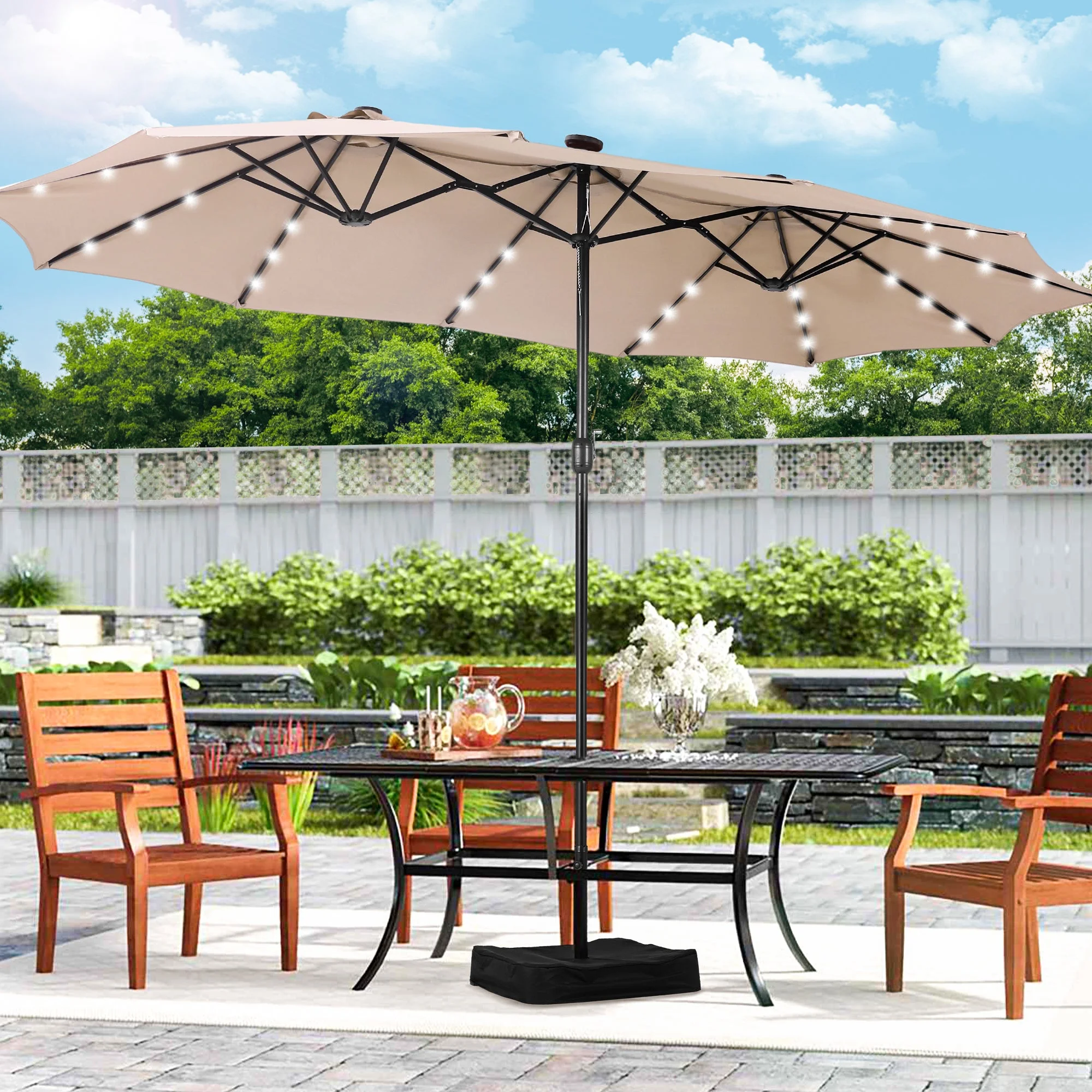 Alpha Joy 15ft Extra Large Outdoor Patio Double-Sided Umbrella with LED Solar Lights & Umbrella Base, Beige - Image 18