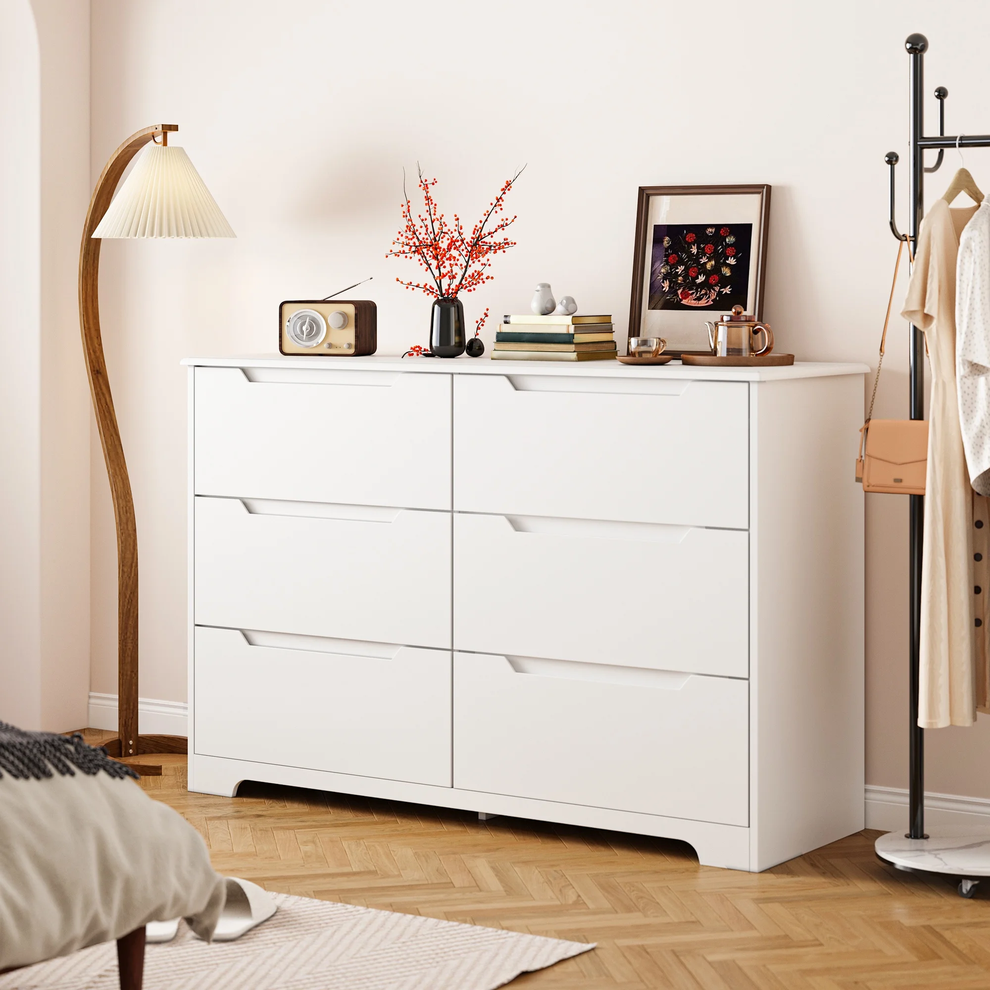 Dresser for Bedroom, Lofka 6 Drawer Double Dresser with Cutout Handles, Large Storage Capacity, Anti-Tip Safety, Modern Wood Chest of Drawers, Smooth Metal Rail, White - Image 2
