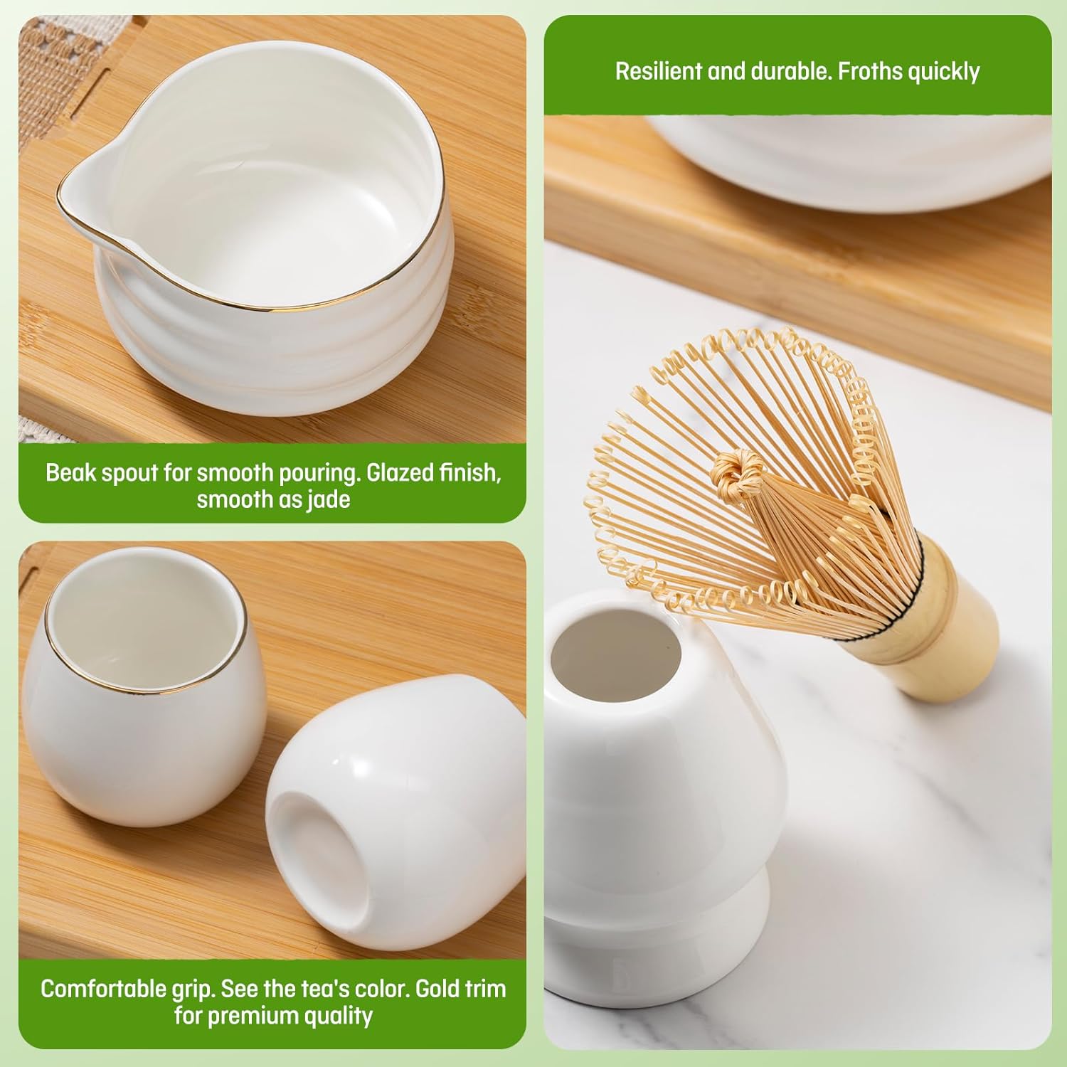 9-Piece Japanese Matcha Set, 18oz Ceramic Bowl with 2 Gold-Inlaid Cups, Handcrafted Bamboo Whisk, Sifter & Whisk Holder, Authentic Matcha Tea Making Kit for Beginners & Tea Lovers, Gift Box (White)