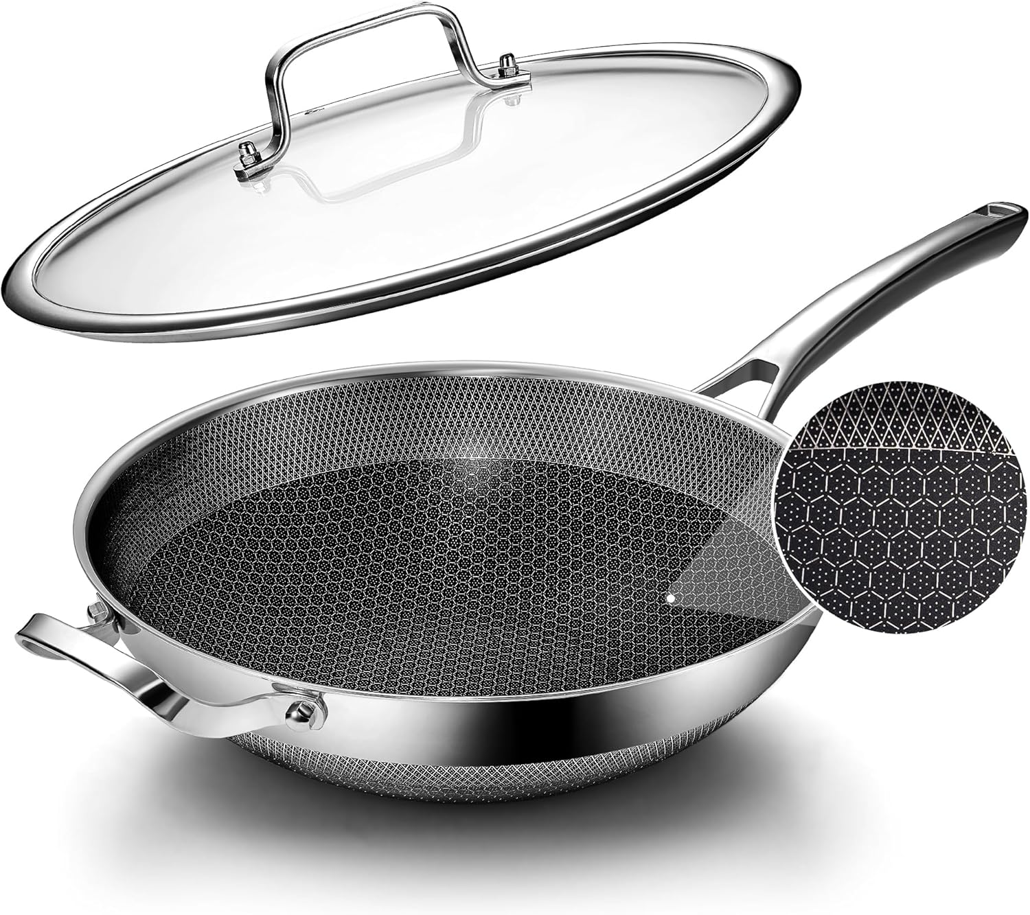 FGJ Wok pan,12 inch Hybrid Wok with Lid,PFOA Free Cookware,Non Stick Stainless Steel Woks & Stir-fry pans Nonstick, Dishwasher and Oven Safe, Works on Induction