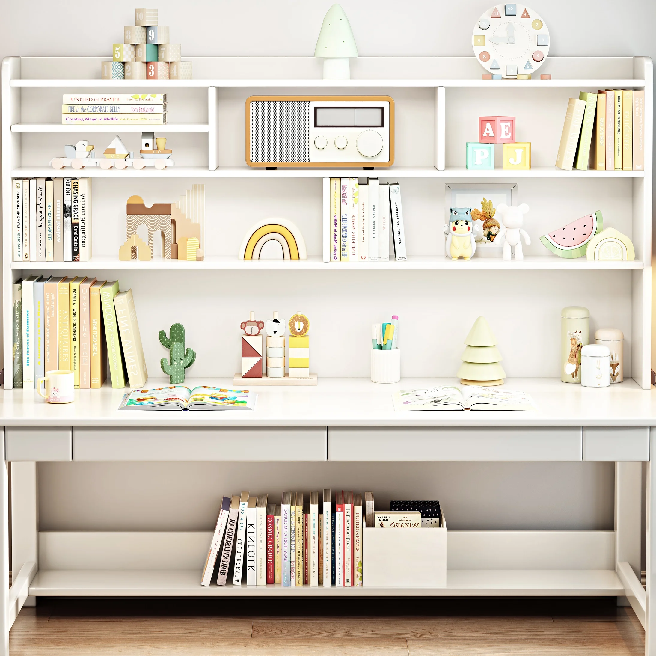 BALANBO Solid Wood Kids Desk and Chair Set with Hutch,Study Computer Desk with Drawers, Extra Large Two Person Study Desk Writing Table, Student White Desk with Bookshelf for Bedroom,Study Room,White - Image 8