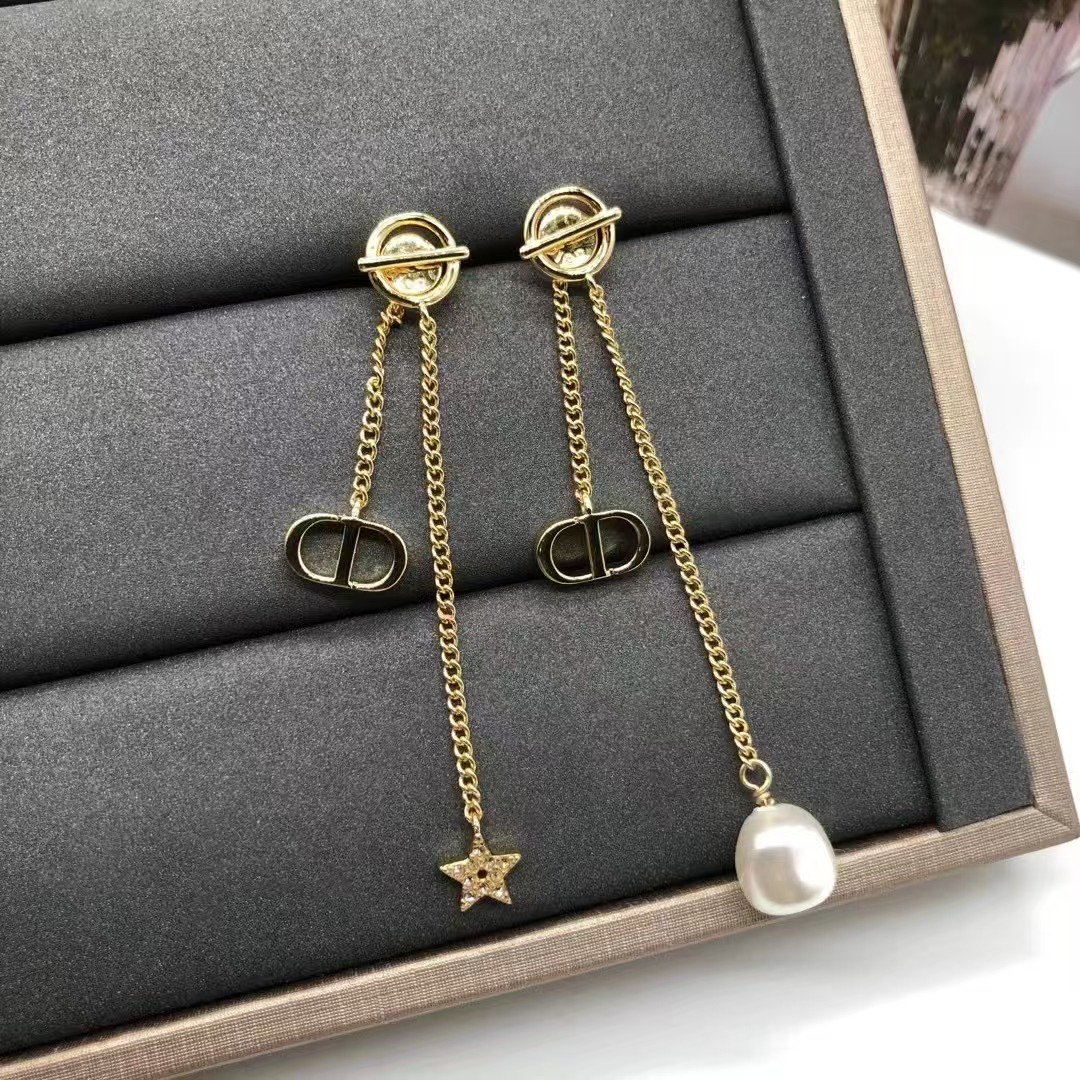 Dior Asymmetric Star Pearl Dangle Long Earrings - Original Replica Club