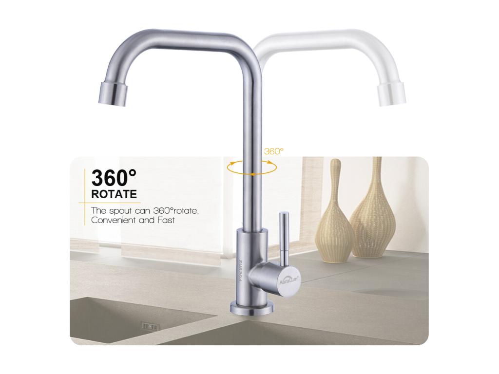 2pcs Decoromantico  Grifo de Cocina de Agua Fría, Pivotante de 360°, Grifo de Fregadero de Agua Fría de Palanca Única, Acero Inoxidable- Cepillado