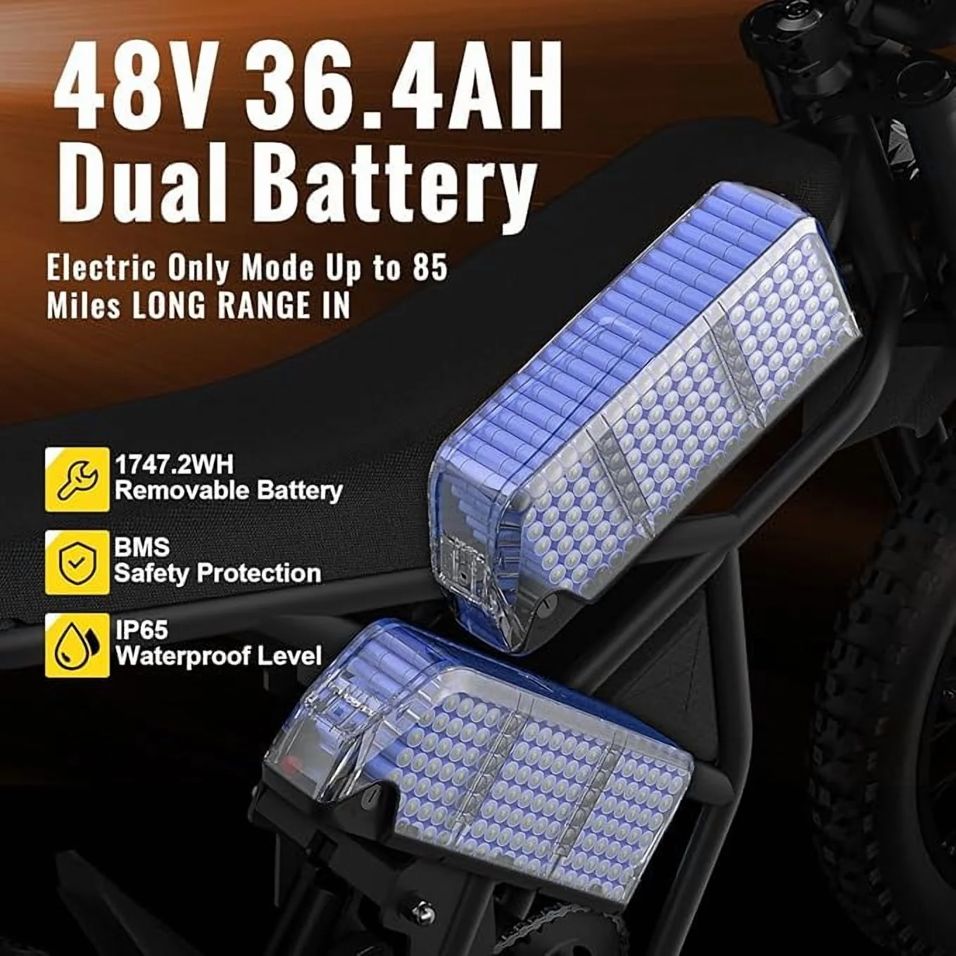 Riding'Times 2400W 48V Electric Dirt Bike for Adults Ridingtimes GT73,brushless Hub Motor,18.2AH*2 Electric BIKE with 25" tires digital screen Carbon Steel,BLACK - Image 4