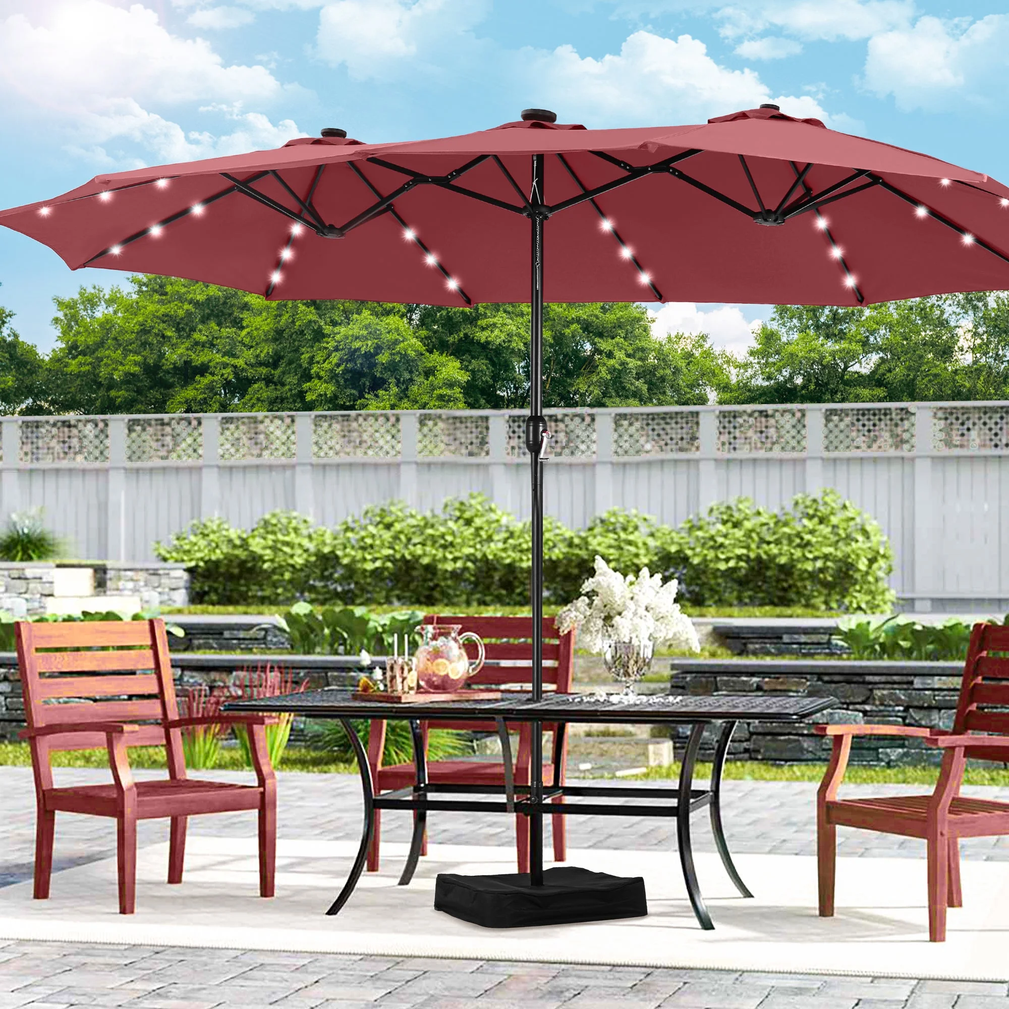 Alpha Joy 15ft Extra Large Outdoor Patio Double-Sided Umbrella with LED Solar Lights & Umbrella Base, Beige - Image 67