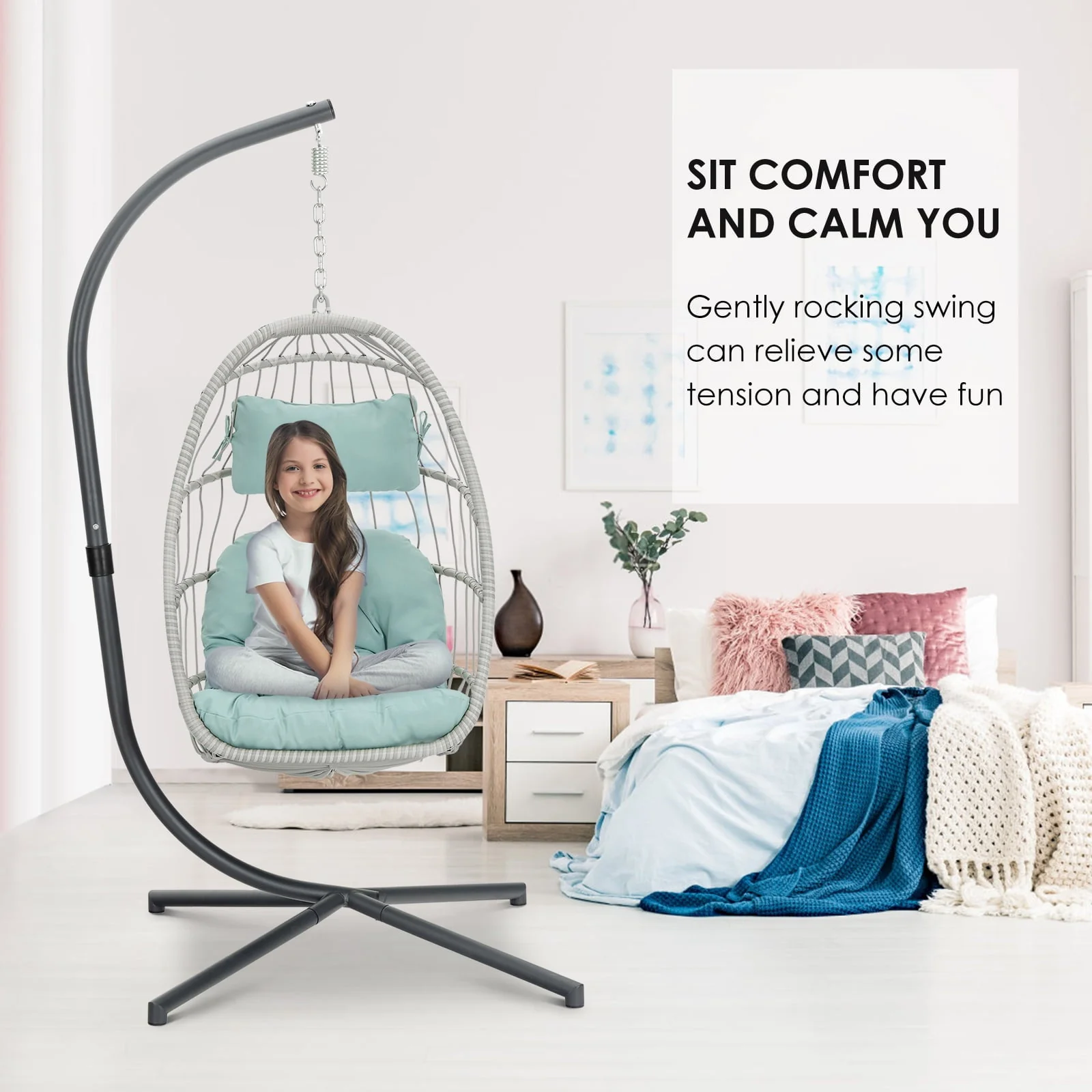 Hanging Egg Chair with Steel Stand and Fluffy Cushion, Lounge Wicker Iron Swing Chairs for Indoor Outdoor Patio Garden - Image 5