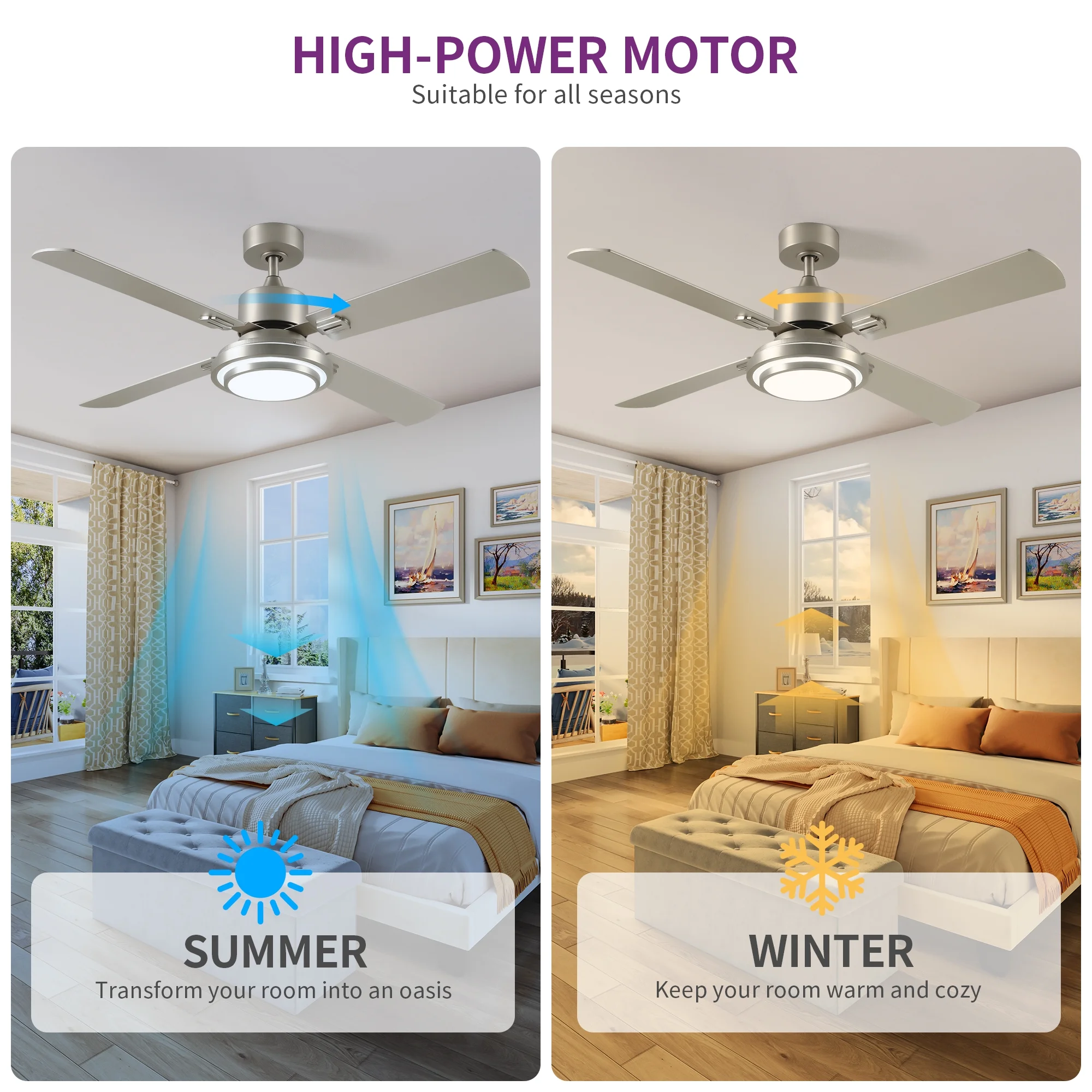 Dextrus 52'' Ceiling Fan with Light and Remote Control, 6 Speeds, 5 Timer Settings, and Dual-Finish Blades (Nickel) - Image 2