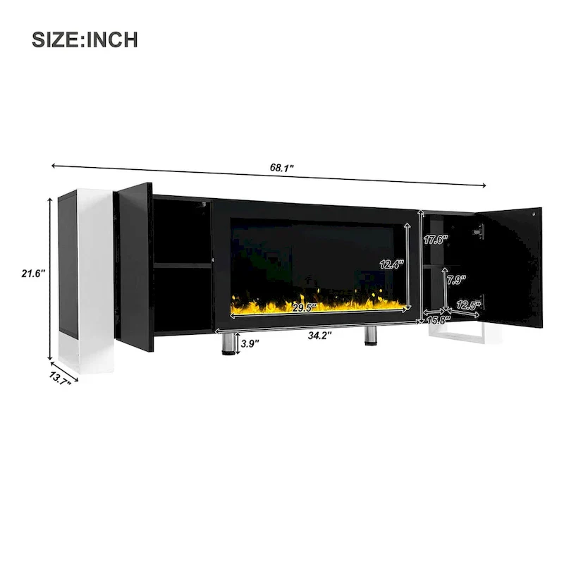 Contemporary Black 68.1" TV Stand with Fireplace and 2 Spacious Cabinets for TVs Up to 78"