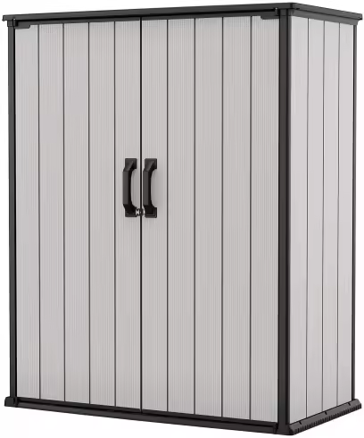 Keter Premier Tall Vertical Durable Resin Outdoor Storage Shed With Floor and Locking Double Doors, Grey
