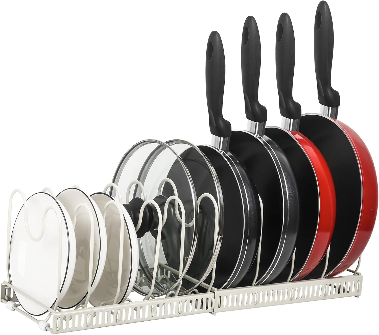 ROOHUA Pot Rack Organizer -Expandable Pot and Pan Organizer for Cabinet,Pot Lid Organizer Holder with 10 Adjustable Compartment for Kitchen Cabinet Cookware Baking Frying Rack Grey
