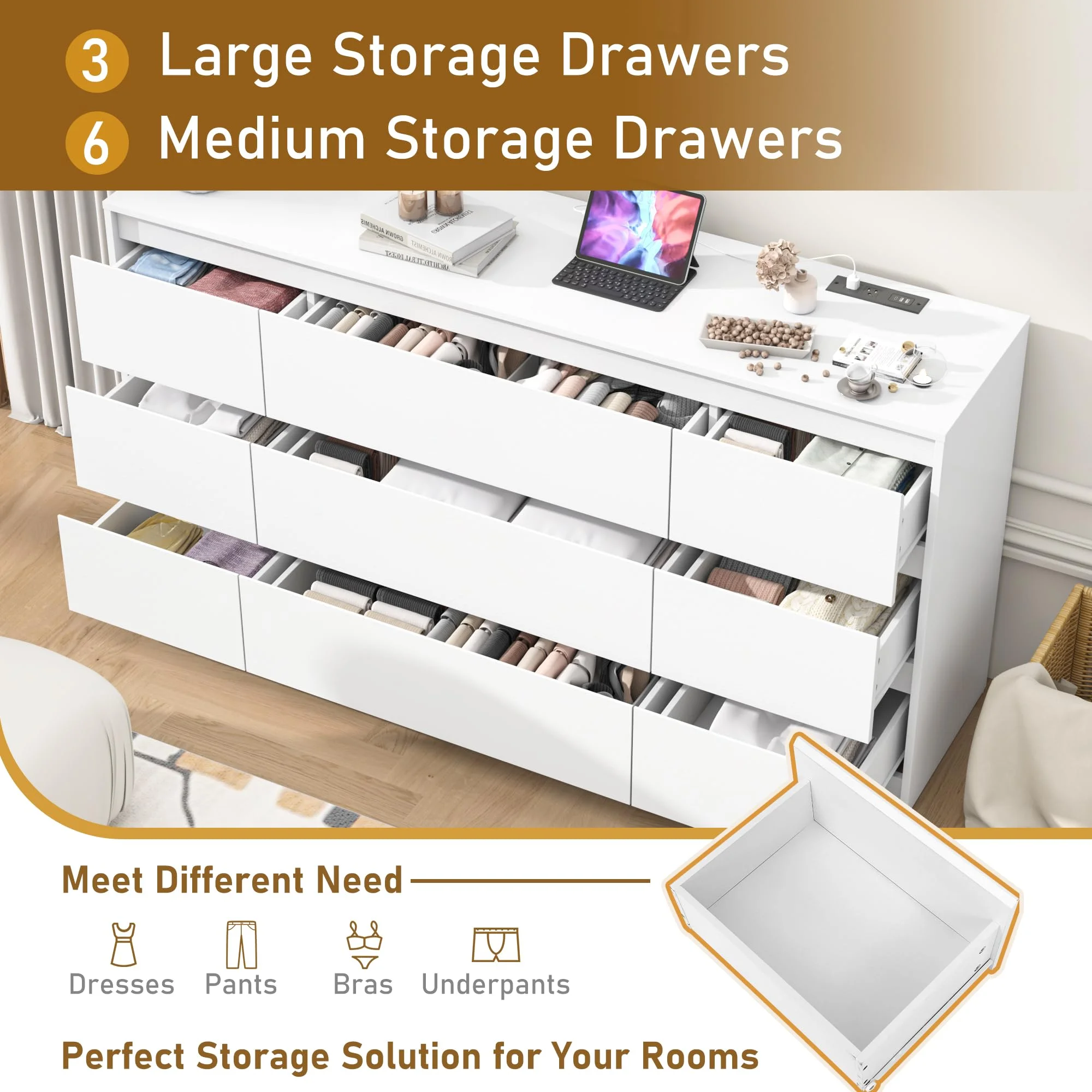 ChVans Black 9 Drawers Dresser with Charging Station, 63" Long Modern Dresser with 9 Drawers for Bedroom, Large Wood Chest of Drawers Handle Free, Dresser for Bedroom, Living Room, Hallway - Image 14