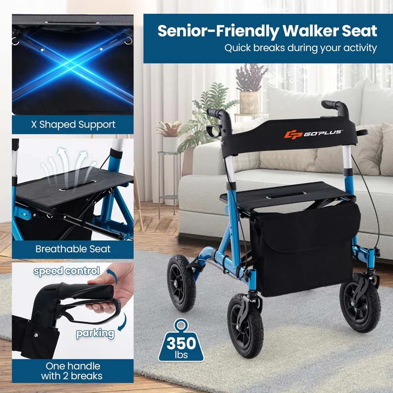 Foldable Rolling Walker with 9.5" All Terrain Pneumatic Wheel, Heavy Duty Height Adjustable Rollator Walker with Seat for Seniors