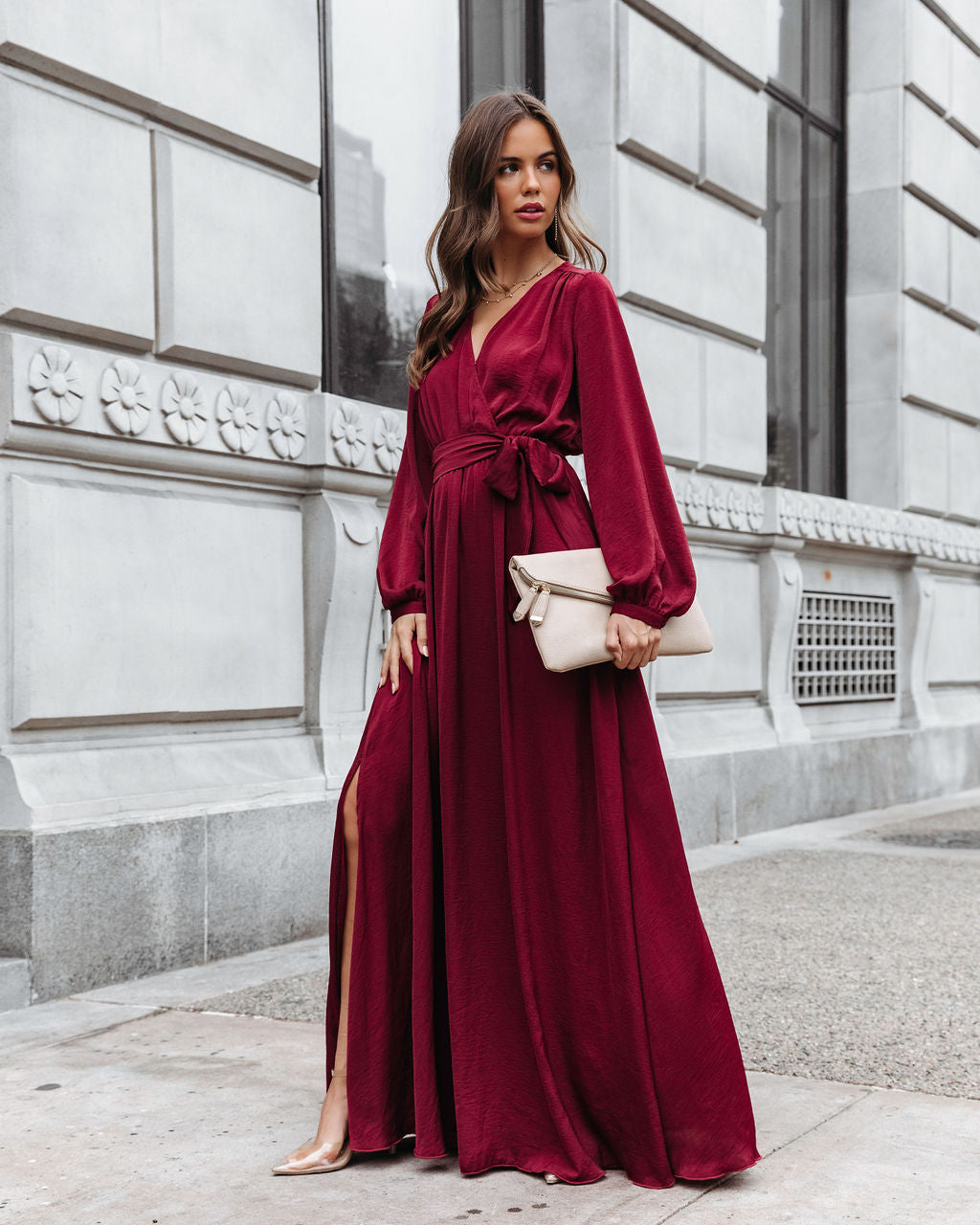 Belinda Satin Side Slit Maxi Dress - Burgundy - Se7enfashion