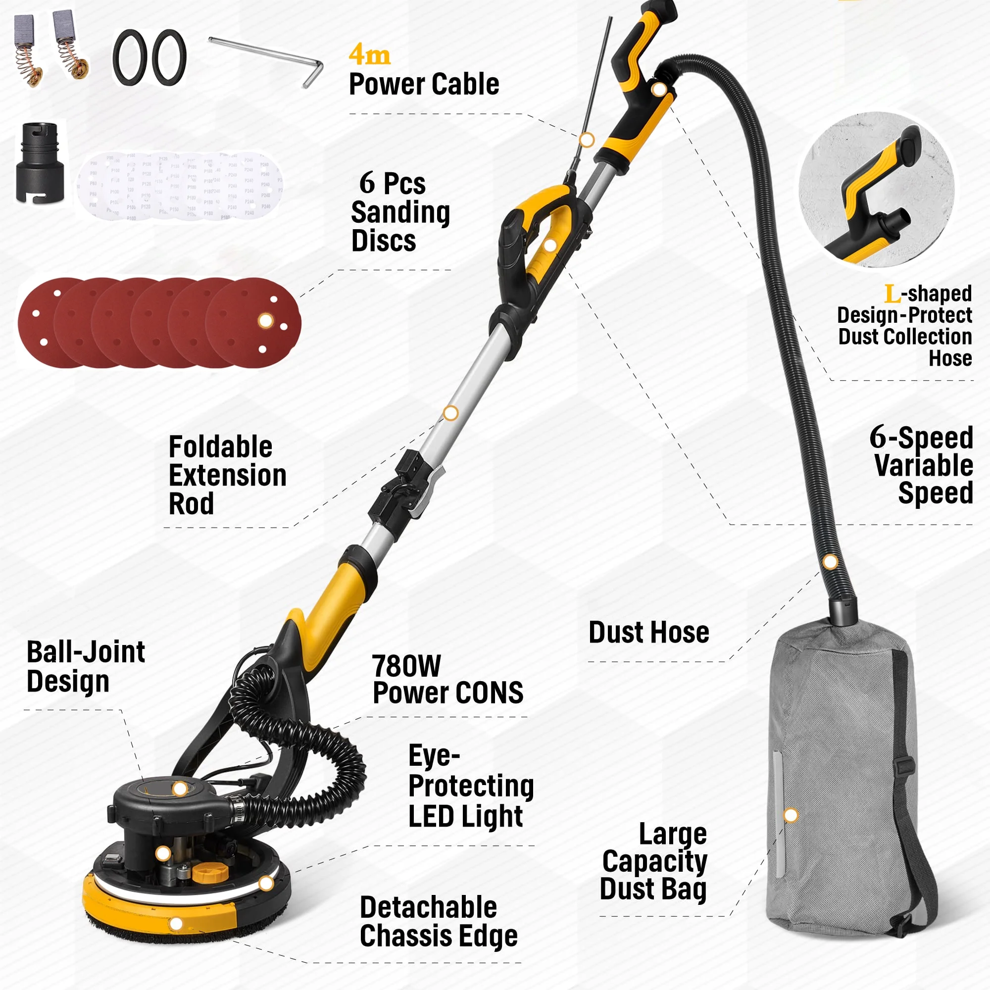 POVANLI 780W Electric Drywall Sander with Vacuum Dust Collection, 6.5A Motor Dustless Floor Sander with Variable Speed 900-1800RPM, LED Light, Extendable & Foldable Handle Yellow+Black - Image 2