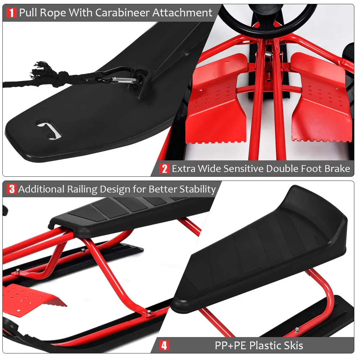 Snow Racer Sled, Ski Sled Slider Board with Twin Brakes