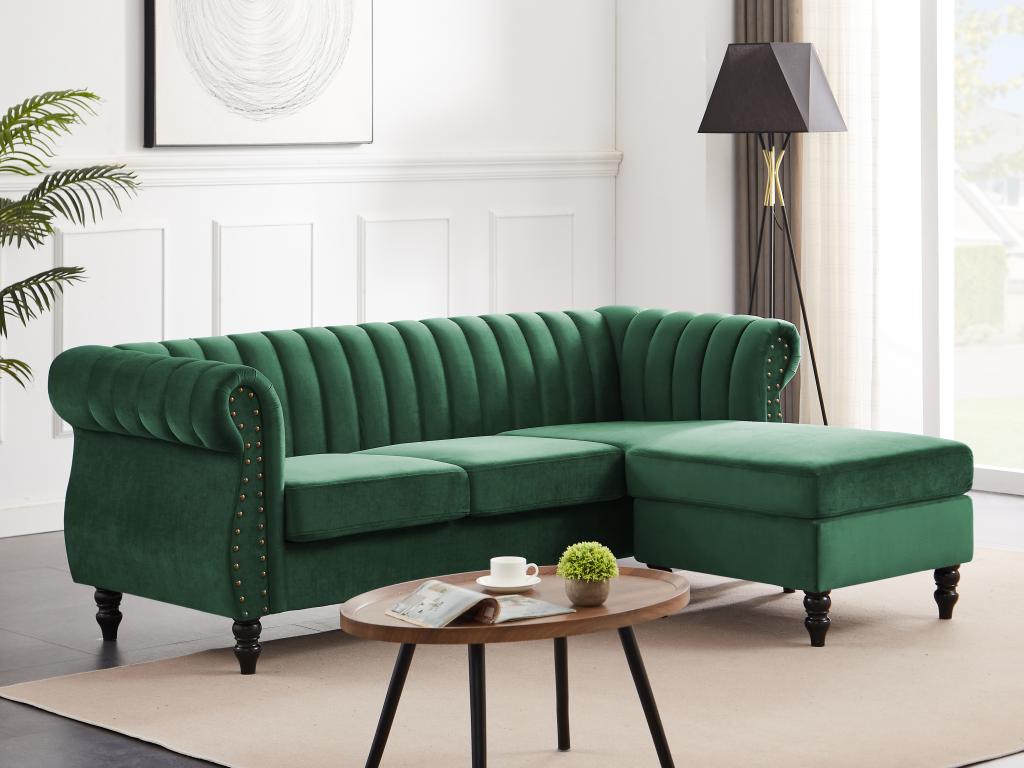 Sofá rinconero reversible terciopelo verde pino estilo charme francés