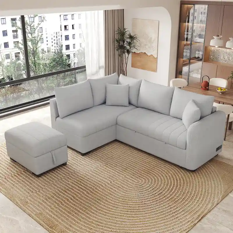 82.6" L-Shaped Sectional Sofa Bed with Pull-Out Feature, USB Ports, Power Sockets, and Movable Storage Ottoman - Bei