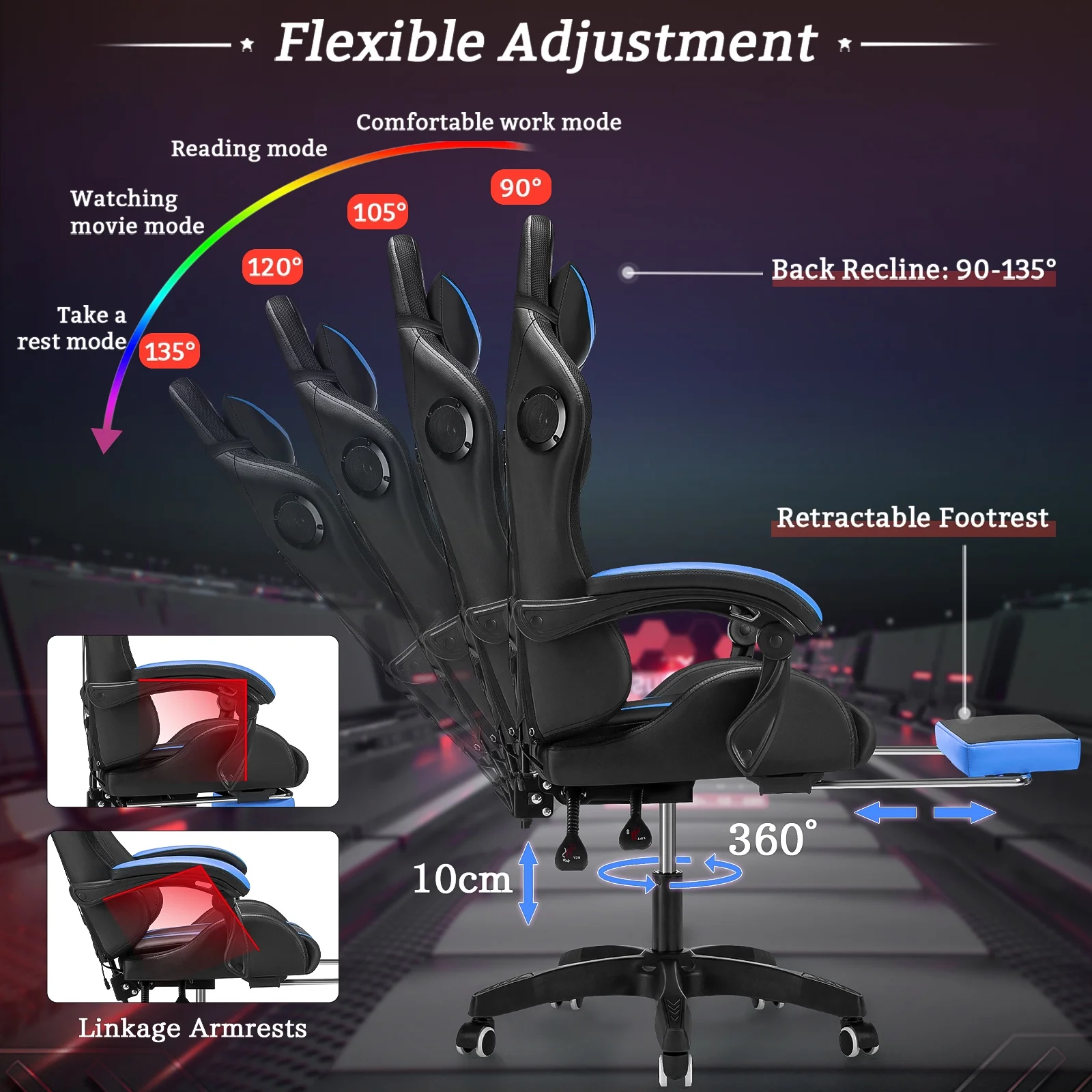 Hoffree Gaming Chair with Speakers PU Leather Office Chair with Footrest and LED Lights Ergonomic Gamer Chair with Massage Lumbar Support and Headrest Adjustable Swivel for Home Office 300lb - Image 2