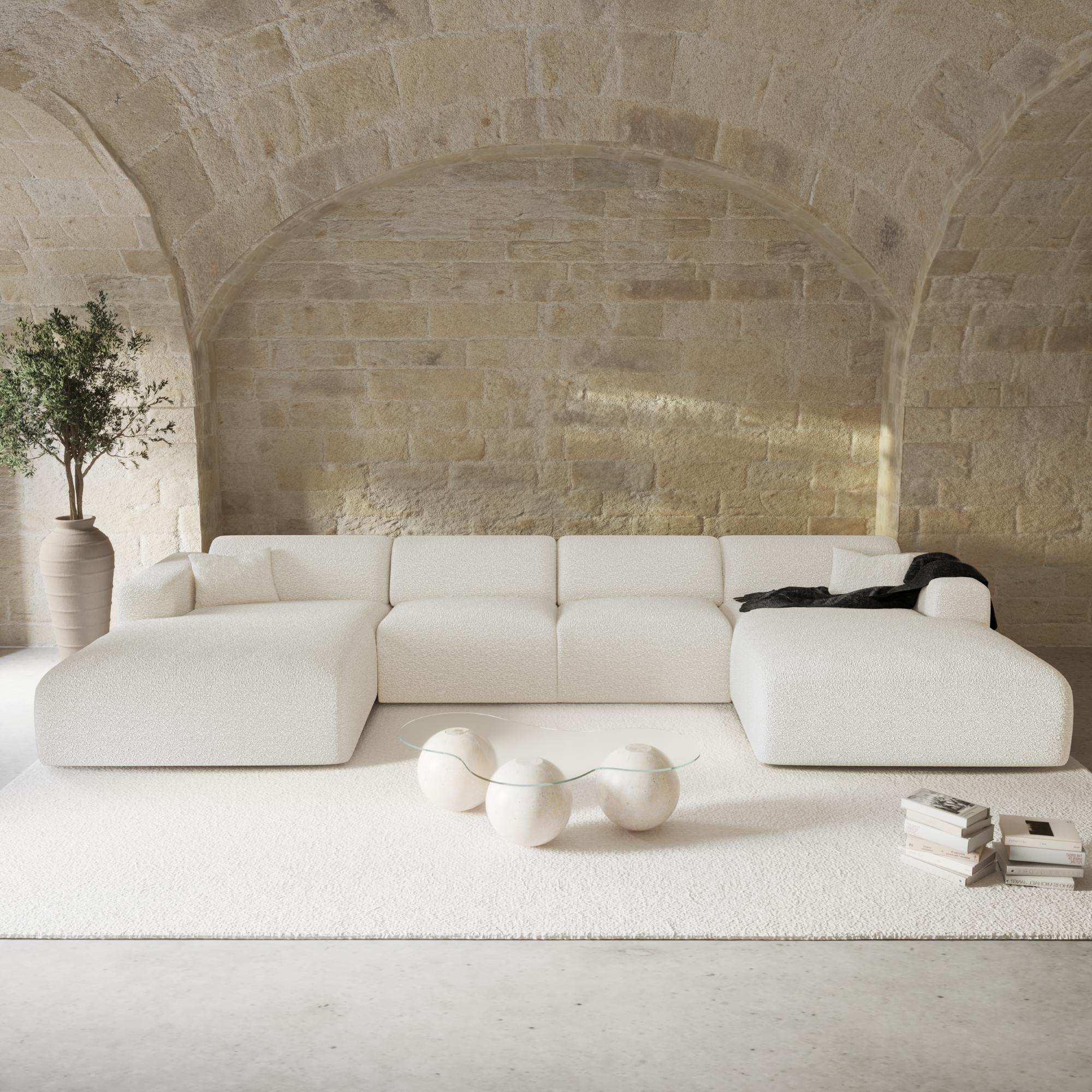 Symmetrische banken MYRA 7 personen Bouclette stof Crème