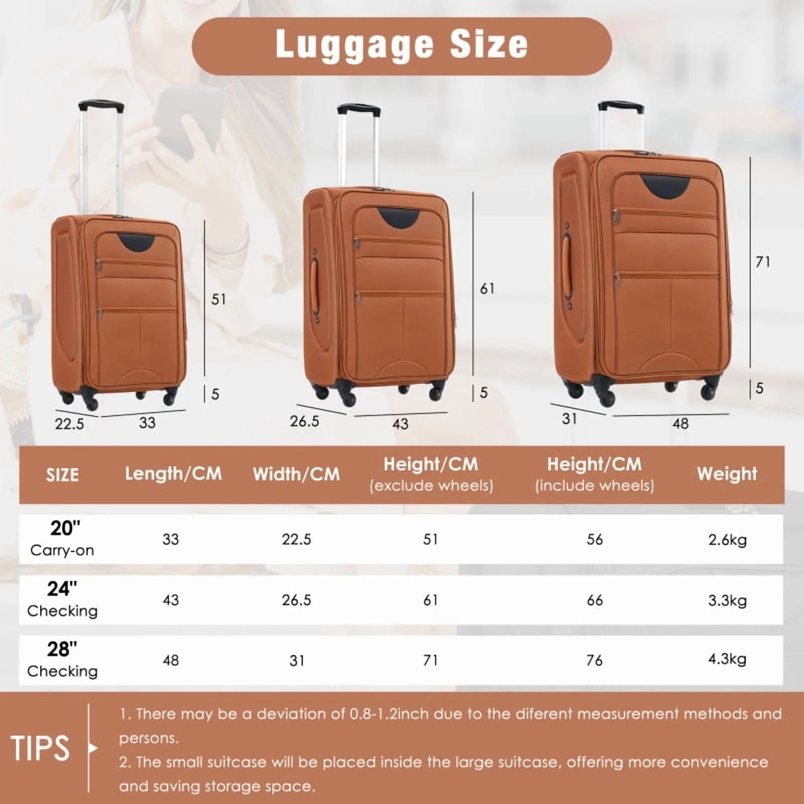 Softside Luggage Expandable 3 Piece Set Suitcase Upright Spinner Softshell Lightweight Luggage Travel Set - Image 42