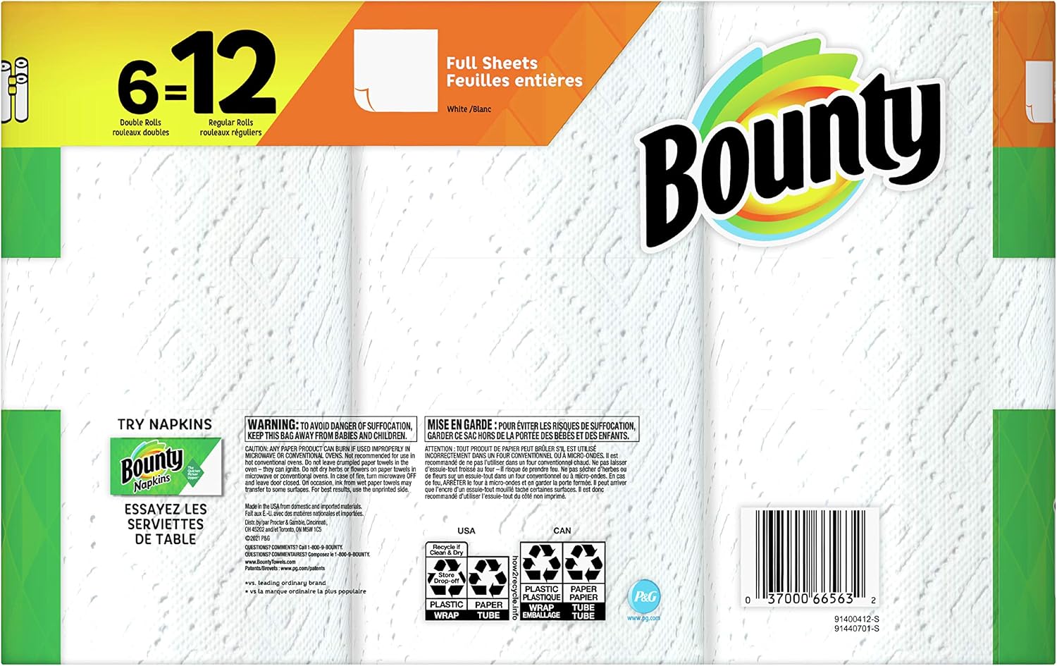 Bounty Full Sheet Paper Towels, White, 6 Double Rolls = 12 Regular Rolls