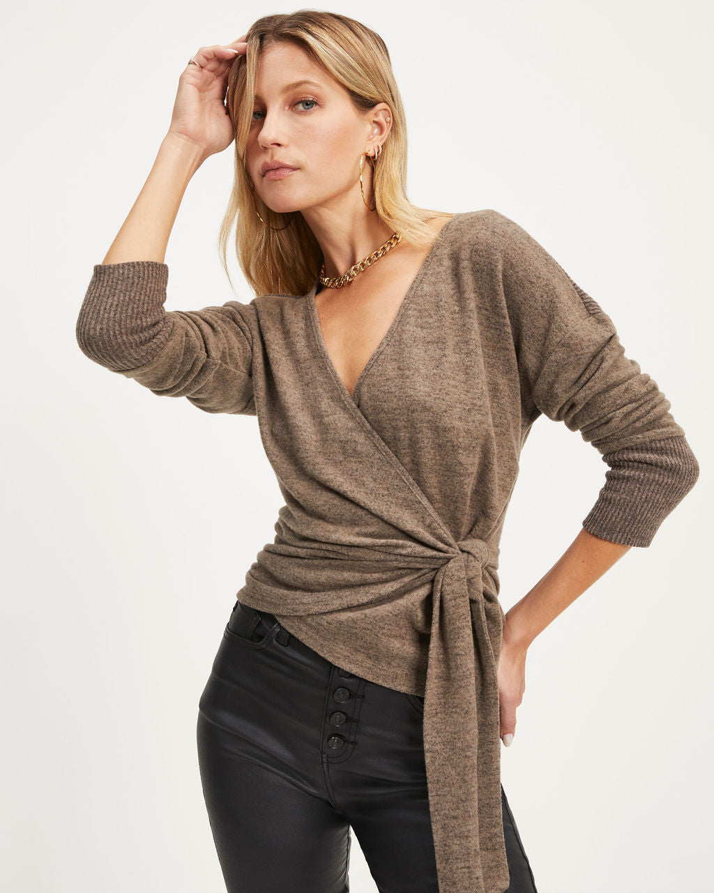 Baby It's Cold Knit Wrap Long Sleeve Top - Taupe - Se7enfashion