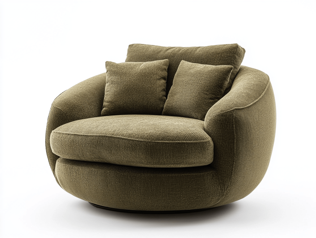 Sillón redondo giratorio 115×115×85 cm – tapizado en terciopelo verde oliva con base oculta – diseño envolvente con cojines incluidos