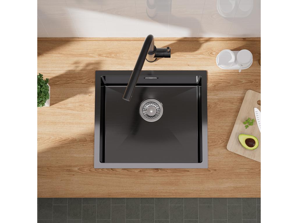 Lujodec 1 Fregadero para lavabo 50*44cm Fregadero de acero inoxidable negro antracita + grifo de cocina monomando con resorte y 3 modos de salida de agua, cepillado