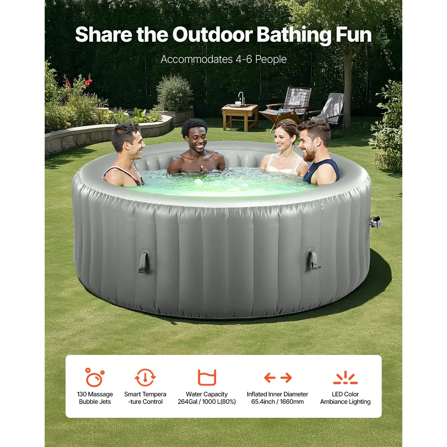 KFFKFF Inflatable Hot Tub, 4-6 Person Capacity, 81.9 x 26in Round Portable Outdoor Spa, with 130 Jets, Headrest, LED Light, Cover, Control Panel, PVC Outdoor Tub, Grey