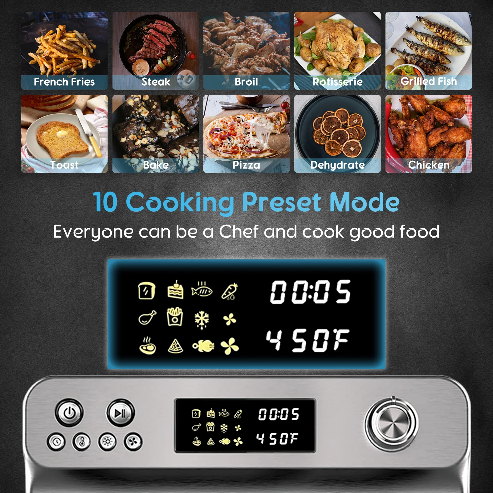 HYSapientia 26QT Air Fryer Oven With Rotisserie 1800W Toaster Oven Air Fryer Combo, 10 in 1 Convection Oven Countertop, Airfryer Toaster Oven, Mini Toaster Oven,Stainless Steel Outer - Image 4