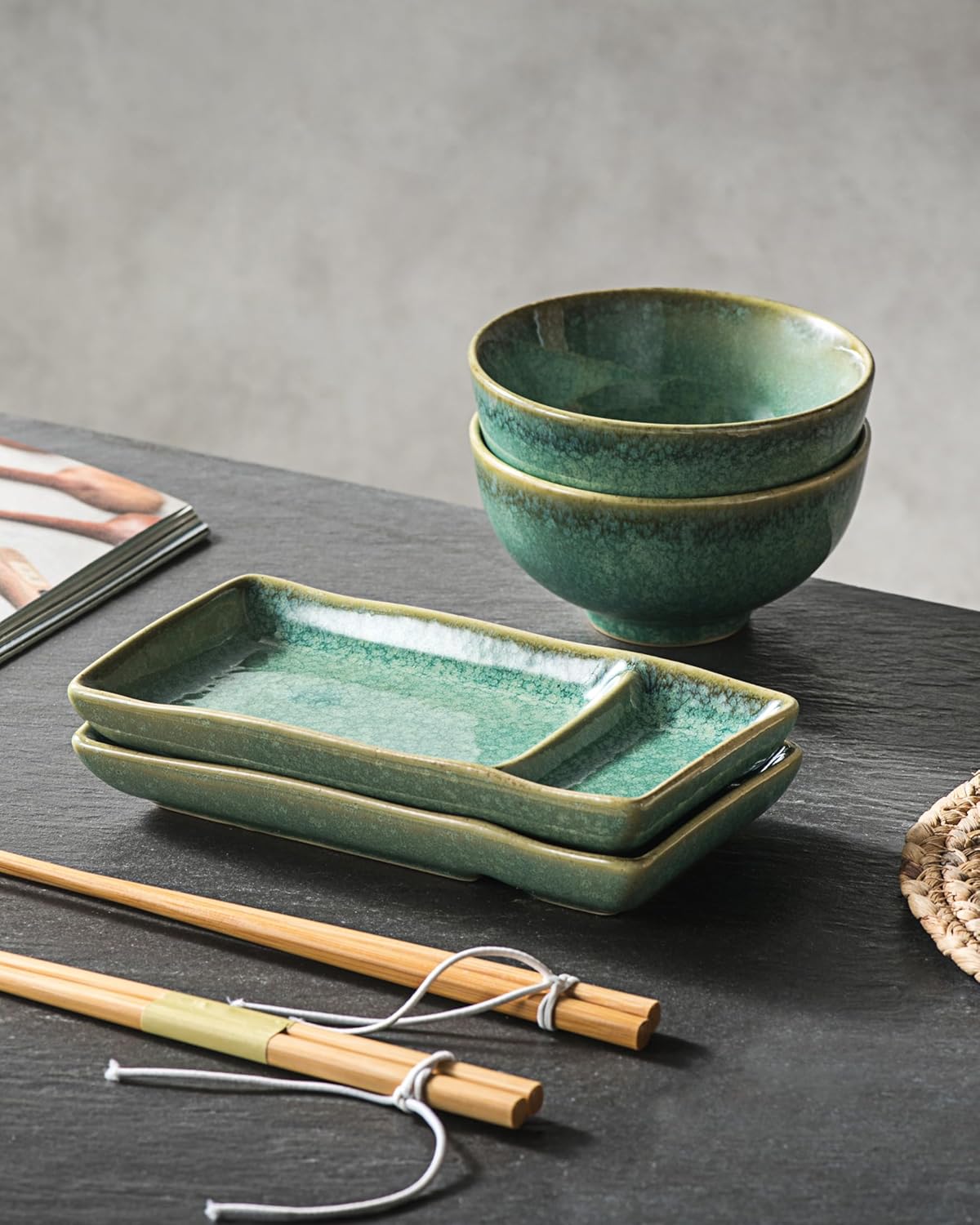 HENXFEN LEAD Ceramic Japanese Appetizer Sushi Plates and Bowls Set for 2 | 7