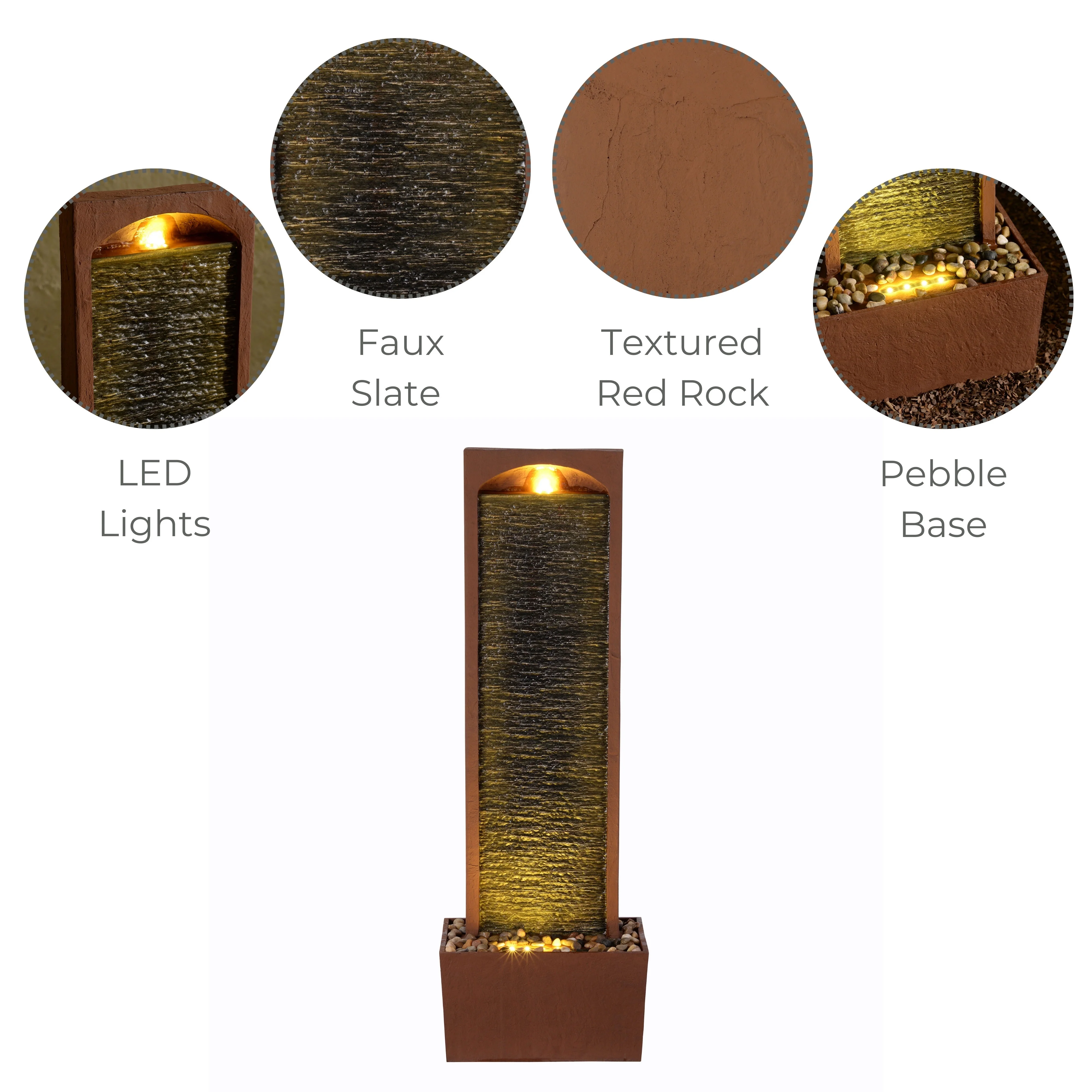 Teamson Home 38.5" Faux Slate Contemporary Outdoor LED Waterfall Fountain with Pebble Base, Red Rock - Image 4