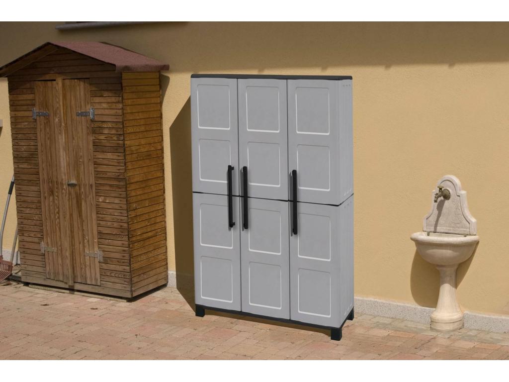 Armario exterior Dbellanov, Mueble escobero, mueble exterior 3 puertas, 100% Made in Italy, 102x37h169 cm, Gris claro y negro, Acabado a cuadros