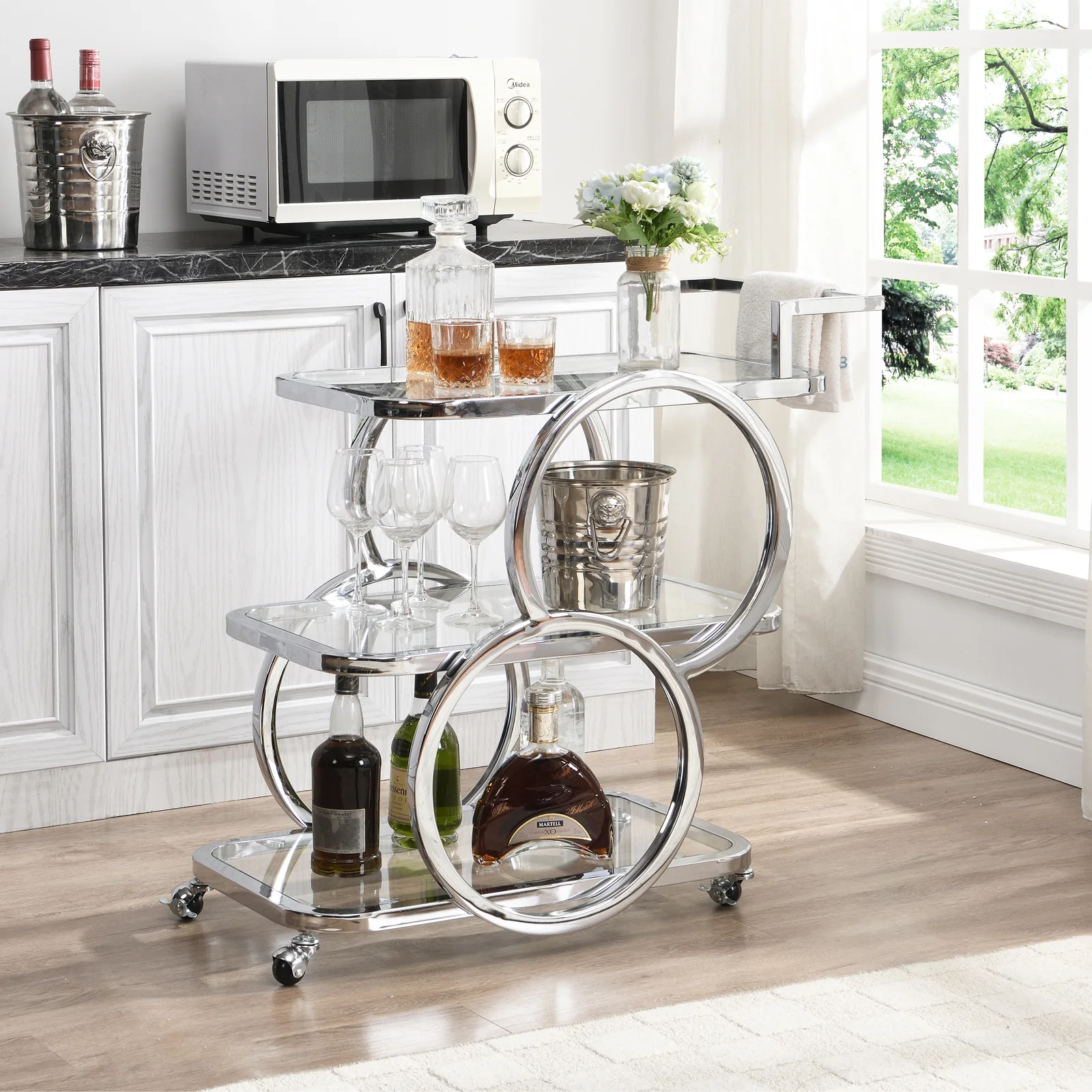Home Bar Serving Carts 3 Tier Kitchen Carts on Wheels Mobile Bar Carts for Home Kitchen Dining Room Living Room Party, Chrome